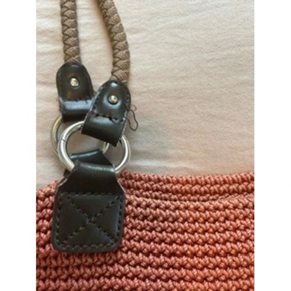 Croft & Barrow Crochet Knit Shoulder Bag Coral Taupe Colorblock Faux Leather